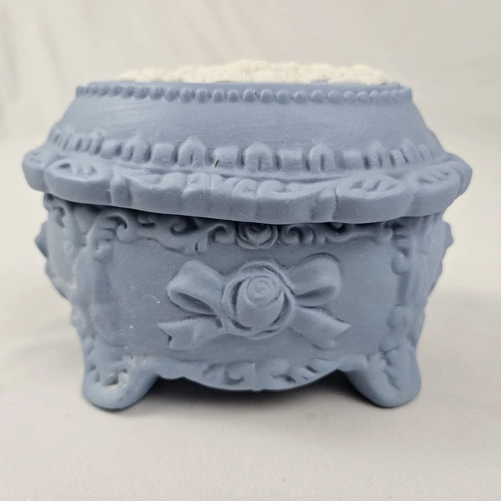 Vintage Blue Jasperware Style Trinket Box with White Relief Maiden Cameo